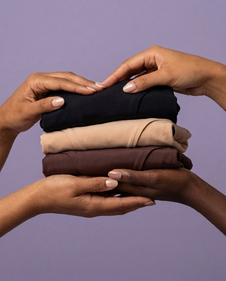 Mains tenant une pile de culottes menstruelles MOOPRA pliées, coloris noir, nude et brun Image