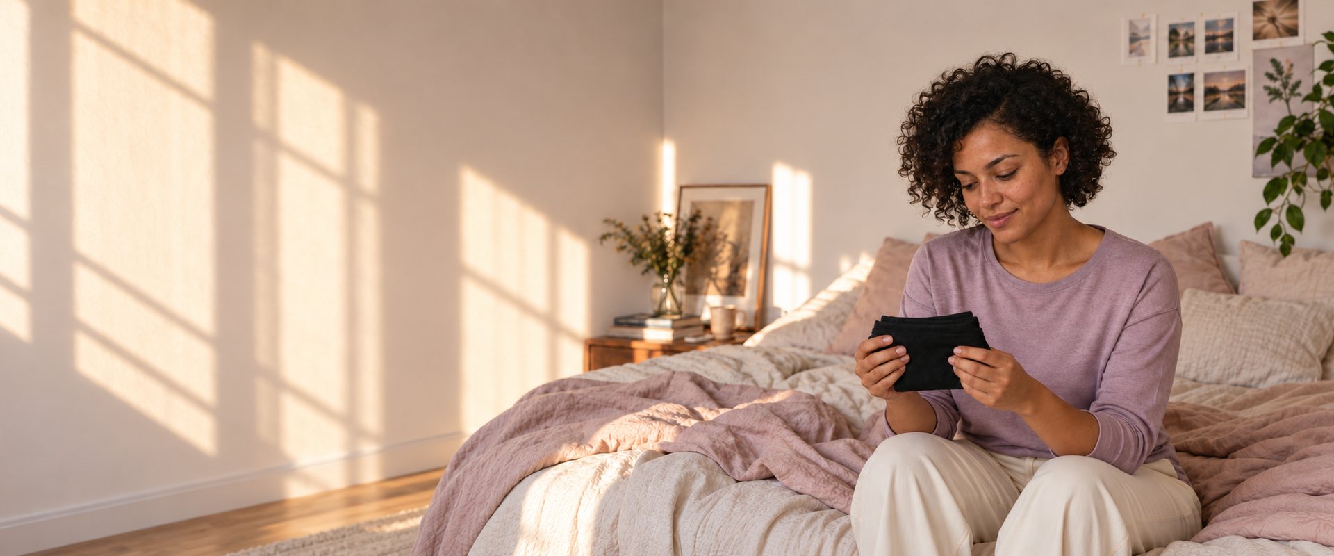 Une femme assise au bord de son lit, une culotte menstruelle MOOPRA pliée dans les mains