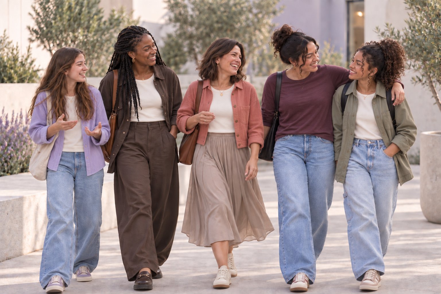 Cinq femmes et adolescentes marchent ensemble en discutant, vêtues simplement, dans une lumière douce.